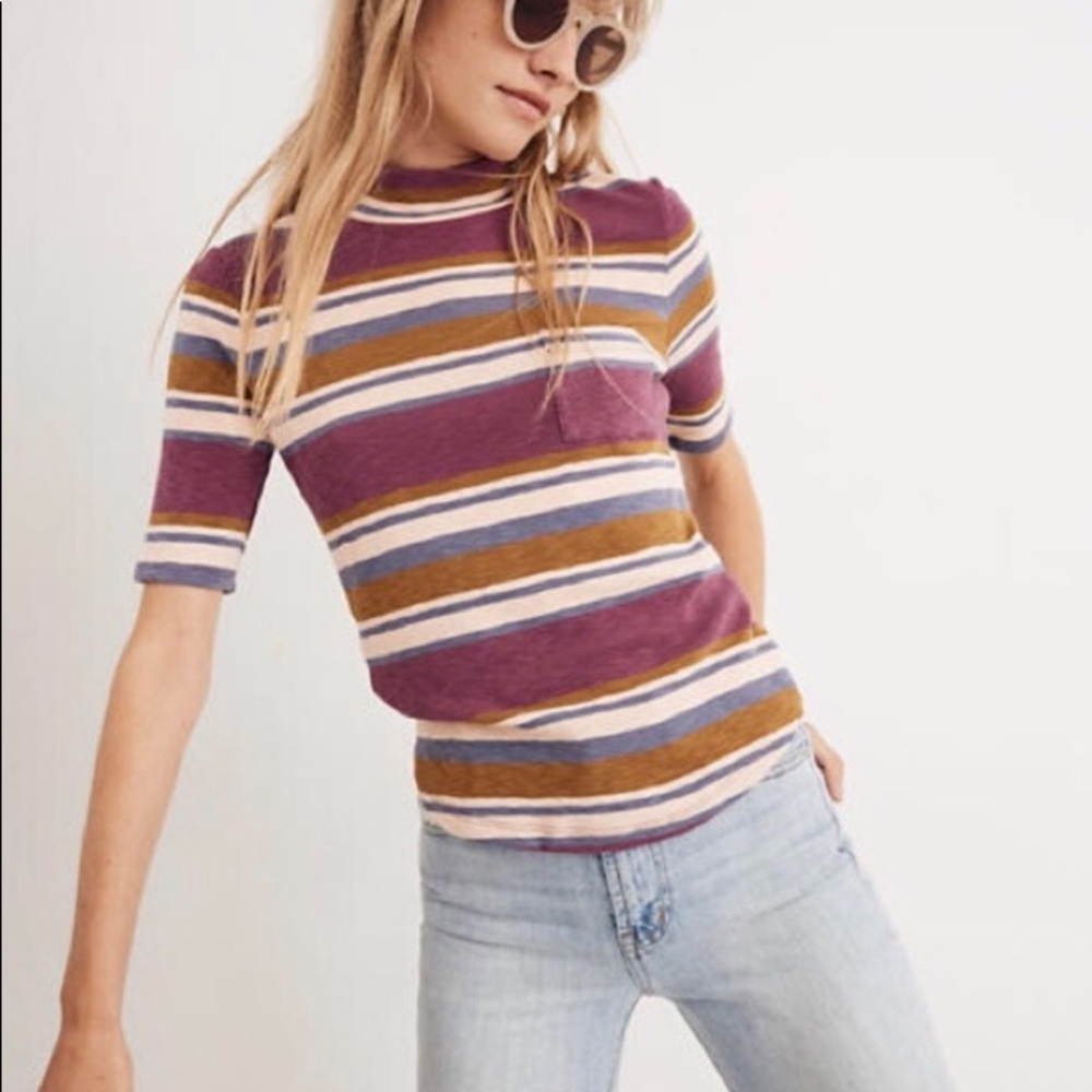 Madewell Mock Neck Striped 3/4 sleeve Tee